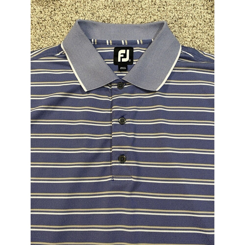 Footjoy Polo Shirt Men’s Large Short Sleeve Blue/Gold Striped Casual Golf